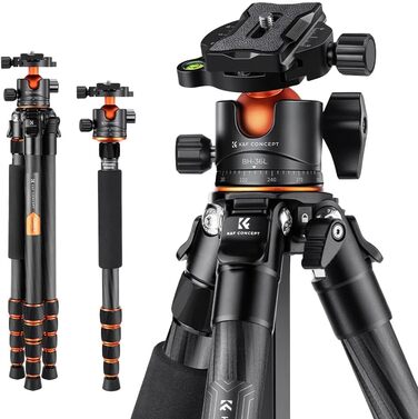 Штатив для камери K&F Concept 156 см, карбоновий, знімний монопод, кульова головка 360°, вантажопідйомність 15 кг, A255C2+BH-36L