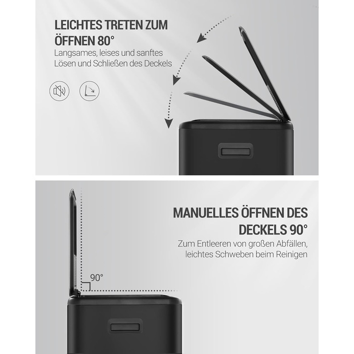 Відро для сміття з сортуванням 60 л, нержавіюча сталь, з педаллю, 2 відділення, SW06099E (Чорний)