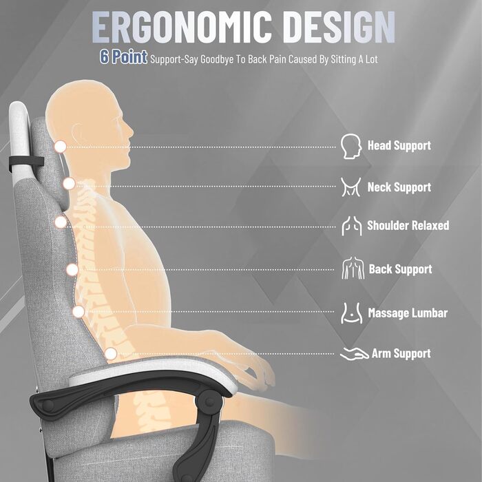Геймерське крісло Ferghana Ergonomic - з підтримкою спини, голови, підставкою для ніг, регулюванням висоти, обертанням. Сірий+білий, для дому та офісу