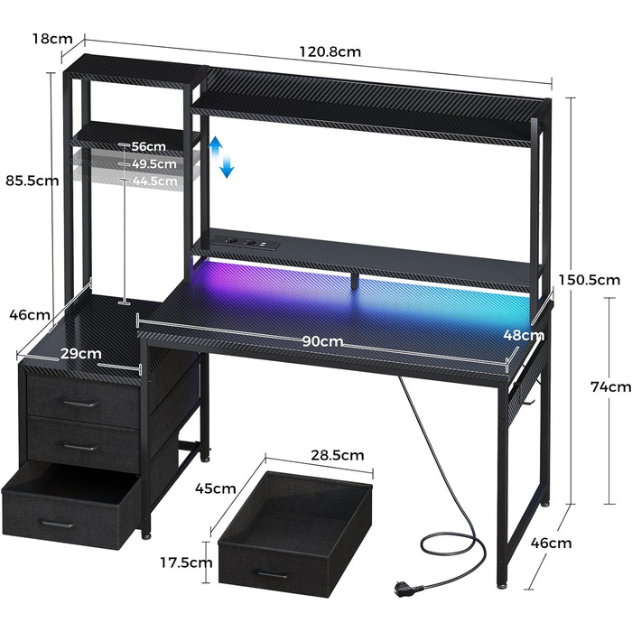 Ігровий стіл Coleshome з полицею та шухлядами, 137×48 см. Стіл для геймінгу з LED-підсвічуванням та розеткою, комп'ютерний стіл з місцями для зберігання та підставкою для монітора (Carbon Fiber Black, 120×48 см)