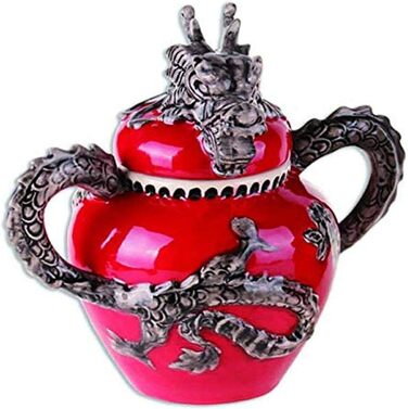 Ceramic Red Dragon Sugar Bowl Blue Sky - Multicolor Ceramic Sugar Bowl with a Red Dragon Motif