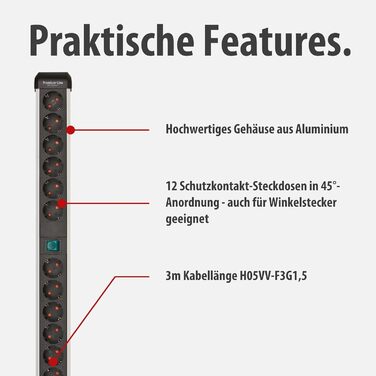 Бренненштуль Преміум-Алю-Лайт Розподільник розеток 12-фазний з алюмінію (багаторозетова панель з 2 вимикачами та 3м кабелем, Made in Germany), Нова версія Single
