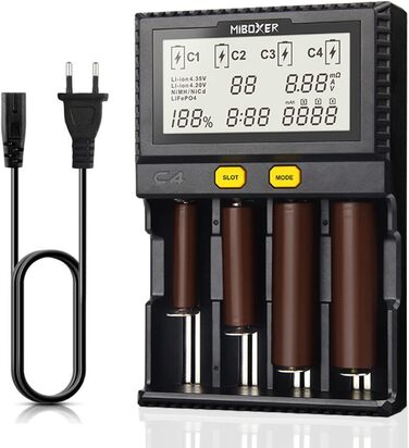 Зарядний пристрій для акумуляторів AUKSKY з LCD-дисплеєм (8 слотів) - універсальна зарядка для NI-MH, NI-Cd, AA, AAA, 14500, 18350, 21700, 26650, Li-Ion, LiFePO4, RCR123A (1.5A, 4 порти)