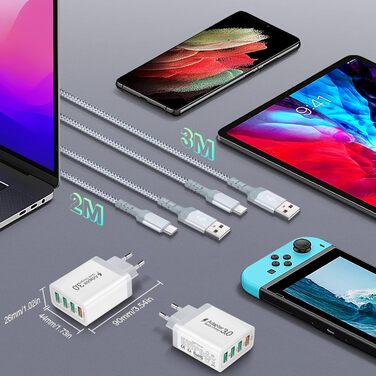 Зарядний пристрій USB 33W QC 3.0, 4 порти + 2 кабелі USB-C 2м/3м для Samsung Galaxy S24/23/22/21, iPad Pro, LG, Sony - білий