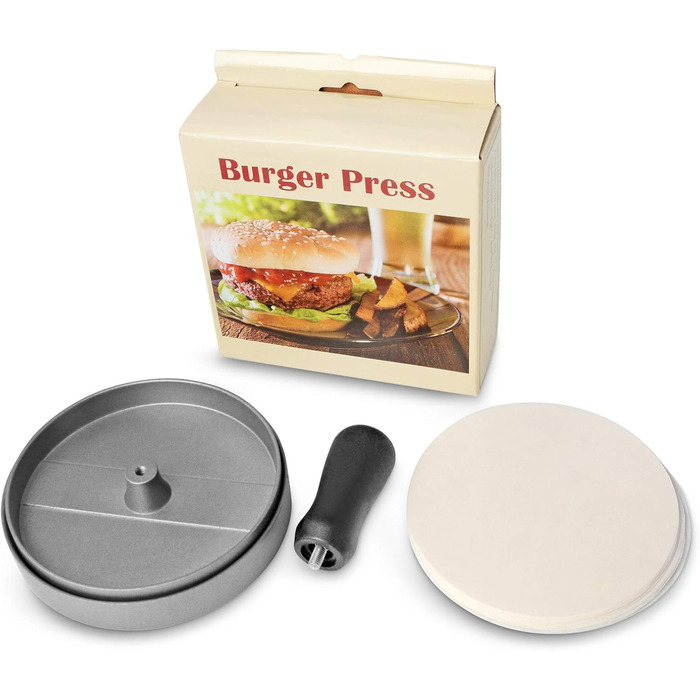 Пресс для бургерів з нержавіючої сталі, кулінарна якість, з ABS-ручкою, антипригарний, 11,5 см, 50 аркушів для паті, сірий