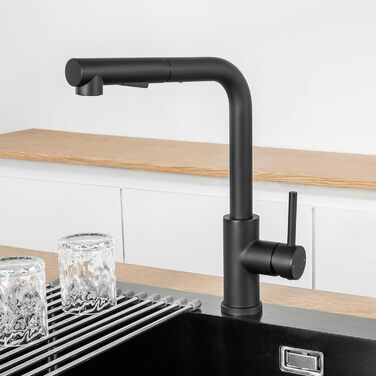 Змішувач кухонний CECIPA висувний з душем, нержавіюча сталь, 2 режими, 360° оберт, матовий чорний