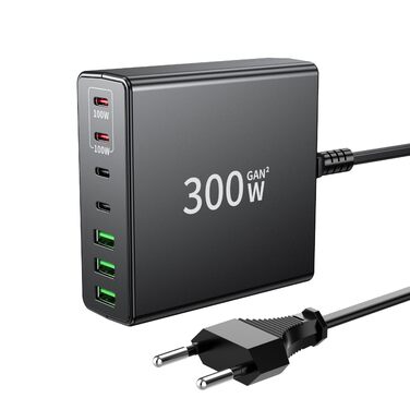 Зарядний пристрій FINIBO USB-C 300W: 7 портів (4 USB-C + 3 USB-A), швидка зарядка, Dual-PD PPS, для MacBook Pro/Air, iPad Pro/Air, Samsung (Чорний)