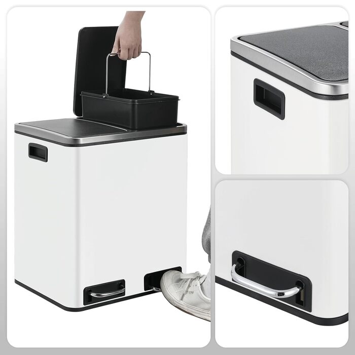 Відро для сміття LIFERUN з двома відсіками, 2 x 15 літрів, з металу, з м'яким закриттям кришки, знімний внутрішній відро, ручки, педальний відро, для квартири, невеликої сім'ї (білий)