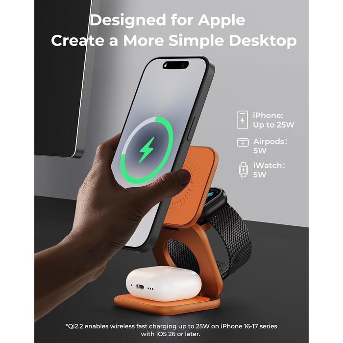 Бездротова зарядна станція KU XIU X40 Turbo Qi2.2 25W 3-в-1 для iPhone 17/16/15/14/13/12, Apple Watch та AirPods, алюмінієва, з адаптером GaN 45W (Космічний Помаранчевий)