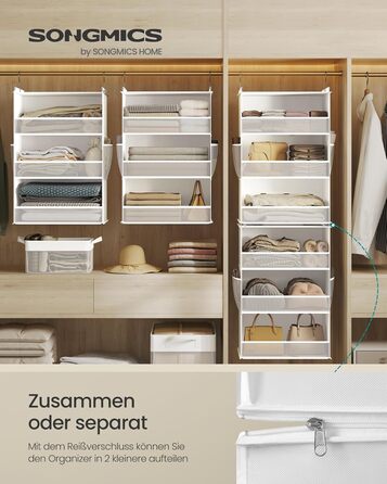 Органайзер для шафи SONGMICS, роздільник полиць, навісна полиця, розкладний органайзер, металеві гачки та бамбукові вставки, білий (RCH007W01)