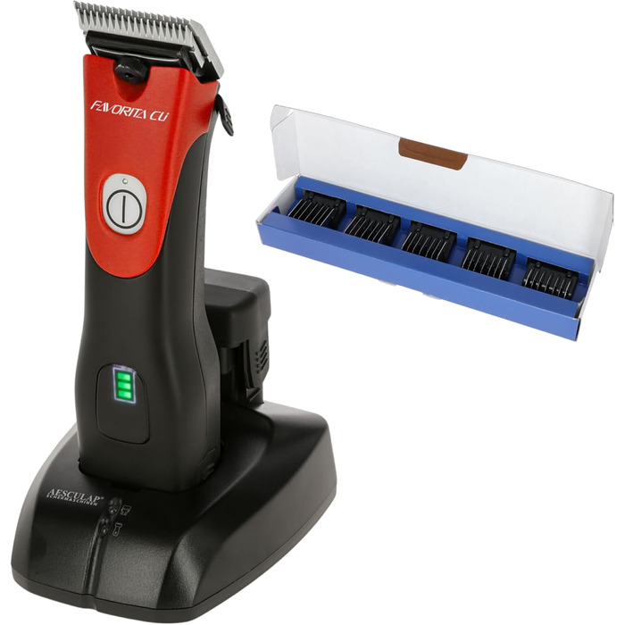 Машинка для стрижки собак та коней Aesculap Favorita CLi акумуляторна (червона) з набором гребінців | Професійна ергономічна машинка | LED-дисплей | Тімострижка для собак та коней