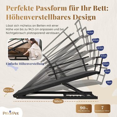 Сходинки для собак до ліжка з поручнями - для великих собак до 90 кг - регульована висота до 94.5 см - ширина 49.5 см - складані - з антиковзним покриттям - з берези - натуральний колір (чорний)