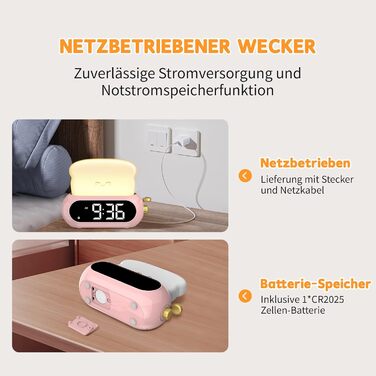 Kids Alarm Digital Clock, Children's Alarm Clock with Night Light, LED Display, 10 Ring Tones, 5 Brightness Levels, Timer, Snooze Function, Light Alarm Clock for School Beginners Girls Boys, Plug-in Power Adapter