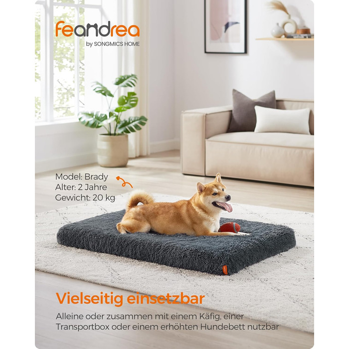 Feandrea Dog Bed, Orthopedic Dog Cushion, padded with egg foam, removable and washable cover, size M, for small and medium dogs, 80 x 50 x 8 cm, PGW211G02 (L 110 x W 73 x H 10 cm, Dark Grey)