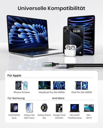 Кабель USB-C 100W, 2м, чорний: для iPhone, Samsung, Pixel, iPad, MacBook