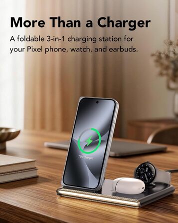 Бездротовий зарядний пристрій 3-в-1 для Google Pixel Watch 4, Pixel 10 Pro/10/9 Pro/9/8/7, iPhone та Samsung (Чорний)