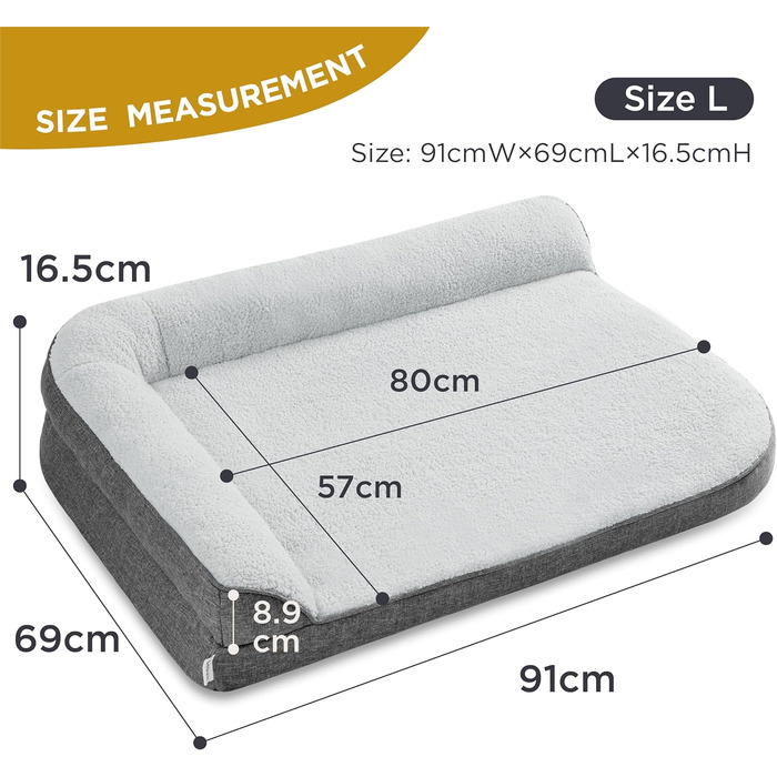 Orthopedic Dog Bed for Large Dogs - 106.6x76x16.5cm Dog Sofa with Egg-Shaped Foam and Waterproof Inner Liner, Cozy Washable Dog Couch Bed, Grey (L 91 x W 69 x H 17 cm)
