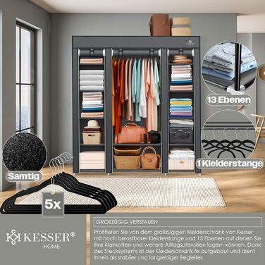 KESSER® Wardrobe Fabric Closet, Stable with Clothes Rail & Shelves, Incl. 5x Clothes Hangers, Fabric Folding Closet for Bedroom, Dressing Room Wardrobe with Clothes Rack 150x45x175cm Anthracite