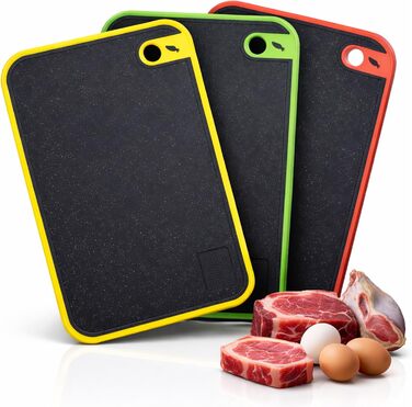 Набір з 3 дощок для нарізання з пластику, кухонні дошки з антибактеріальним покриттям, неслизькі з жолобом для соку та пресом для часнику (червоний, жовтий, зелений)