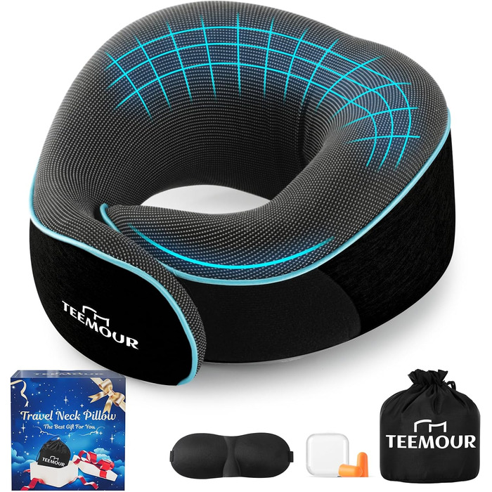 Подушка для шиї у літак з Memory Foam, 360° підтримка, з чохлом, маскою для очей та берушами, регульована подушка для подорожей (Чорний)