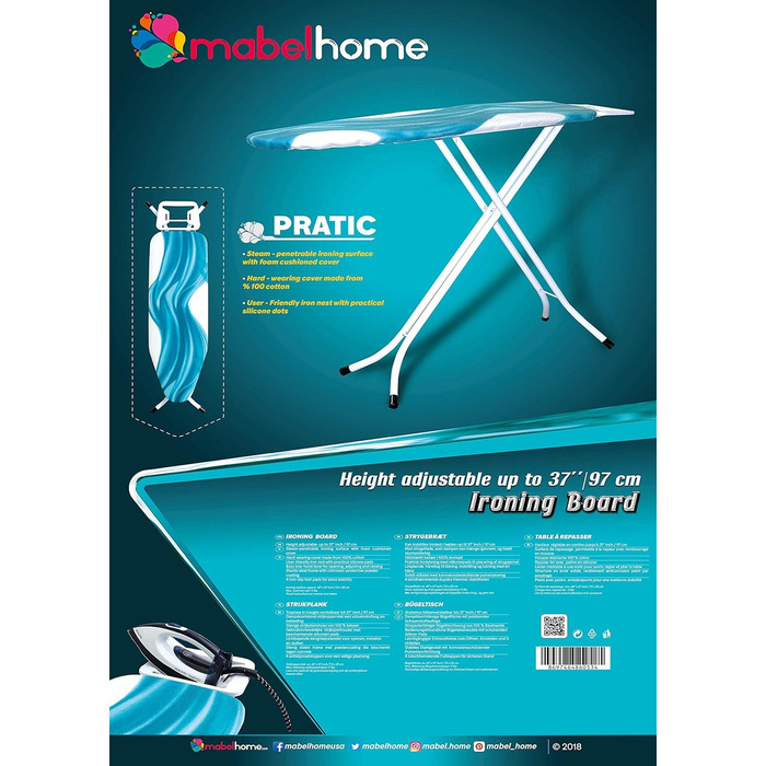 Прасувальна дошка Mabel Home регульована, розкішна, на 4 ніжках, з додатковим чохлом, синьо-білий візерунок