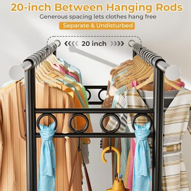 Стійка для одягу Bomclap з великою вантажопідйомністю, з колесами, висувна, з 3 перекладинами, 8 гачками та полицею, міцна, до 160 кг (чорна)