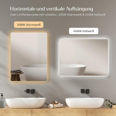 Дзеркало для ванної кімнати EMKE з підсвічуванням 50x70 см, запобігання запотіванню, 3 кольори світла, регулювання яскравості, сенсорне управління, функція пам'яті та автоматичне вимкнення через 3 години, ідеально для ванної кімнати (60 x 40 см)