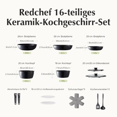 Набір посуду Redchef 16 предметів: каструлі та сковорідки з антипригарним покриттям, знімні ручки, для всіх типів плит, сумісний з духовкою, чорний