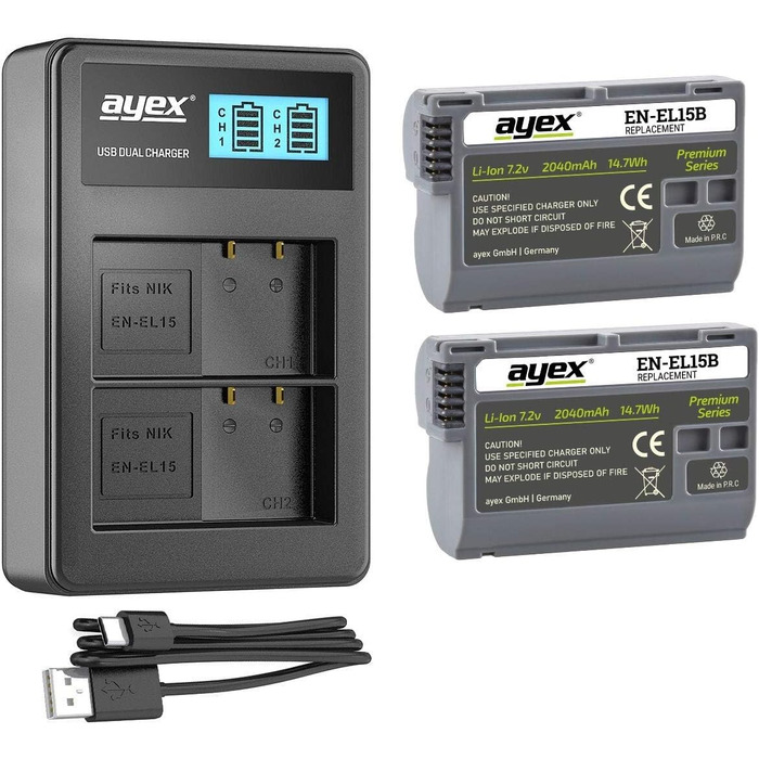 Зарядний пристрій Ayex USB сумісний з акумуляторами Nikon EN-EL15 для Z7 II, Z6 II, Z5, D850, D780, D750, D600. Зарядка через USB-C (з ноутбука, powerbank) з LCD-індикатором рівня заряду. Комплект: зарядний пристрій EN-EL15 (подвійний) + акумулятори