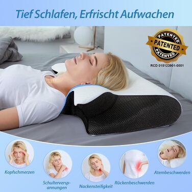 Ергономічна подушка для шиї та голови HOMCA 2 в 1 з ефектом пам'яті (Memory Foam) для всіх позицій сну, 60x40x12/14 см, чорна