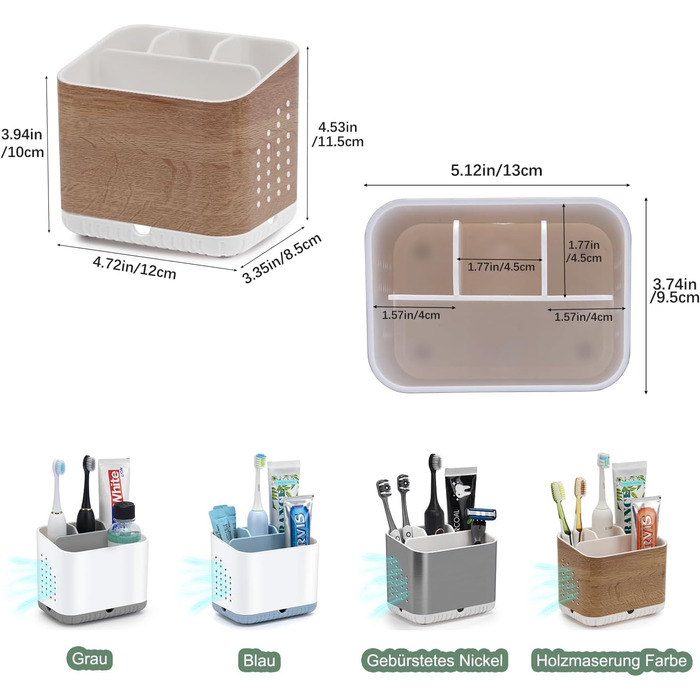Тримач для зубних щіток електричних з отворами для стоку, дерев'яниста текстура, органайзер для зубних щіток на 4 слоти, легкий у чищенні, для ванної кімнати, коричневий малюнок деревини, середній