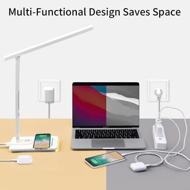 Світлодіодна лампа настільна з регулюванням яскравості та функцією зарядки годинника - настільна лампа нічник з бездротовим зарядним пристроєм 10W, USB-порт, складна, сенсорне керування, 5 рівнів регулювання, 3 режими (Tx223white-eu)