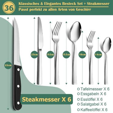 Cutlery Set for 6 People, HaWare 36-Piece Cutlery Set with Steak Knives, Stainless Steel Cutlery Set with Knife, Fork, and Spoon, Elegant Dinnerware Set for Home and Restaurant, Mirror Polished & Dishwasher Safe