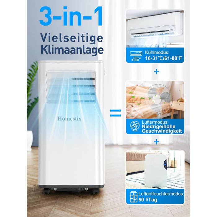 Мобільний кондиціонер Klimaanlage 7000 BTU з 4 функціями: охолодження, осушення, вентиляція, таймер, цифровий дисплей, охолоджувальна площа до 68 м³