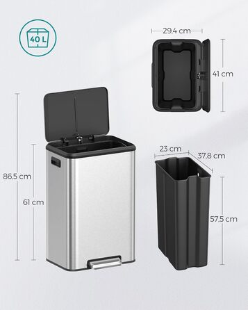 Відро для сміття SONGMICS 40 л з кришкою, педальним механізмом, Soft-Close, утримуванням кришки, срібне, LTB541E40