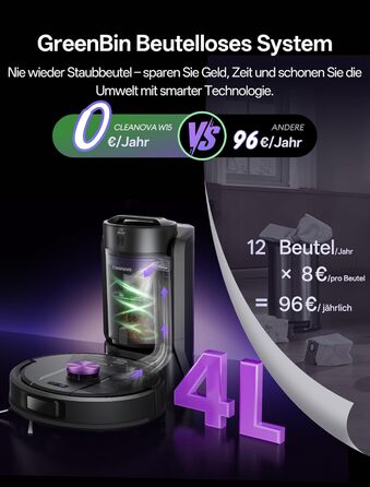 Робот-пилосос Vexilar з функцією миття підлоги, 8000Pa, LiDAR-навігація, 150 хв роботи, 15 зон заборони, керування через додаток, для шерсті тварин та килимів (W15)