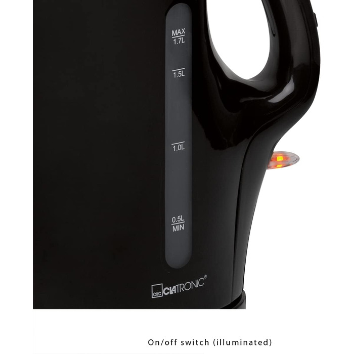 Електричний чайник Clatronic WK 3819 чорного кольору, 1.7 л, з автоматичним та ручним вимкненням, знімний фільтр від накипу, 2200 Вт