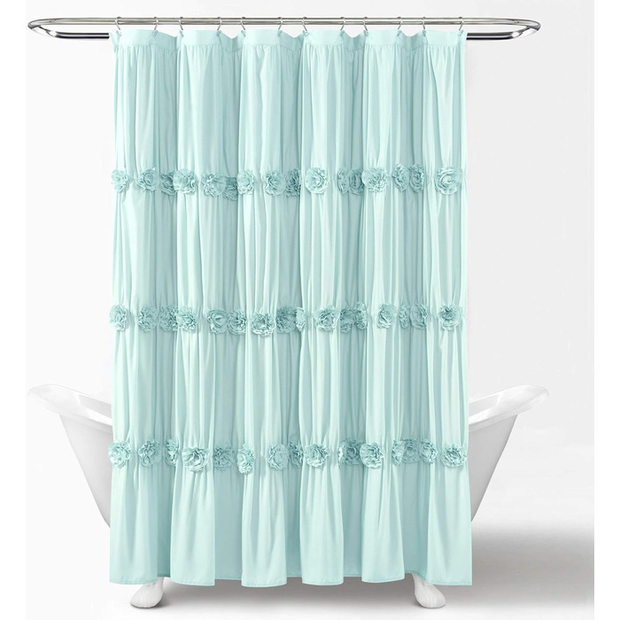 Штора для душу Lush Decor Darla з рюшами та квітковим малюнком, поліестер, біла, 183x183 см (блакитна)