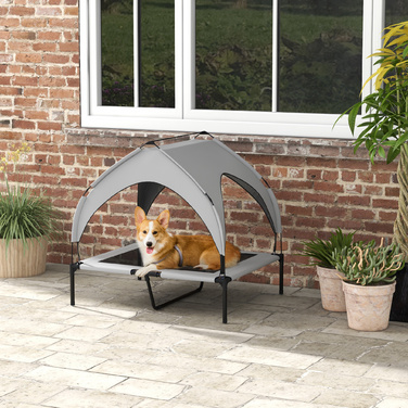PawHut Elevated Dog Bed with Canopy, Pet Bed, Outdoor Dog Lounger with Roof, Breathable, for Large Dogs Light Grey Oxford 91 x 76 x 89 cm | Aosom