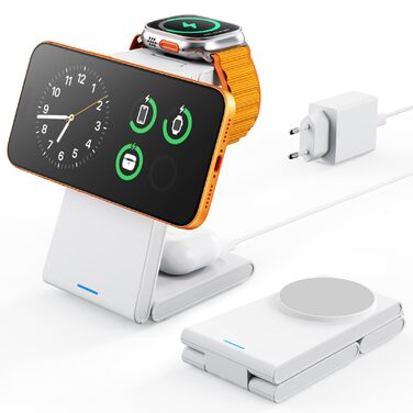 Зарядна станція 3-в-1 GEEKERA MagSafe для Apple Watch та iPhone (12-17, Air), індуктивне зарядне пристрої, біло-сірий