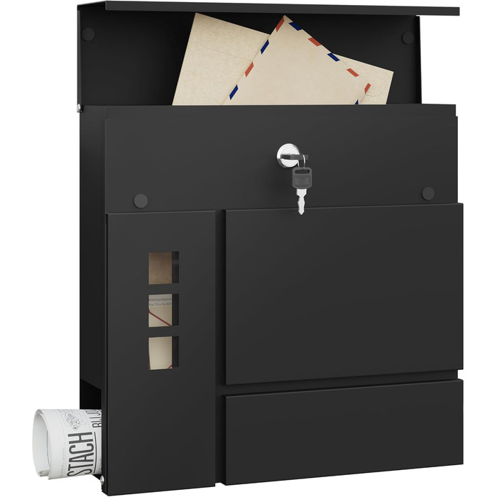 Поштова скринька WOLTU XXL з газетницею, оглядовим вікном та замком, антрацит (чорний) - 10,5 x 37 x 37 см