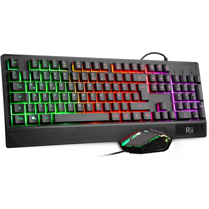 Rii Комплект ігрової клавіатури та миші, RGB підсвічування, QWERTZ (DE-розкладка), водонепроникна клавіатура та миша USB з 3200 DPI для професійних геймерів