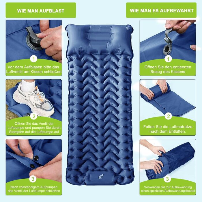 Каремат туристичний самонадувний Cunbayi з інтегрованими подушками та насосом для кемпінгу, пікніків, відпочинку на природі. Кольори: блакитний