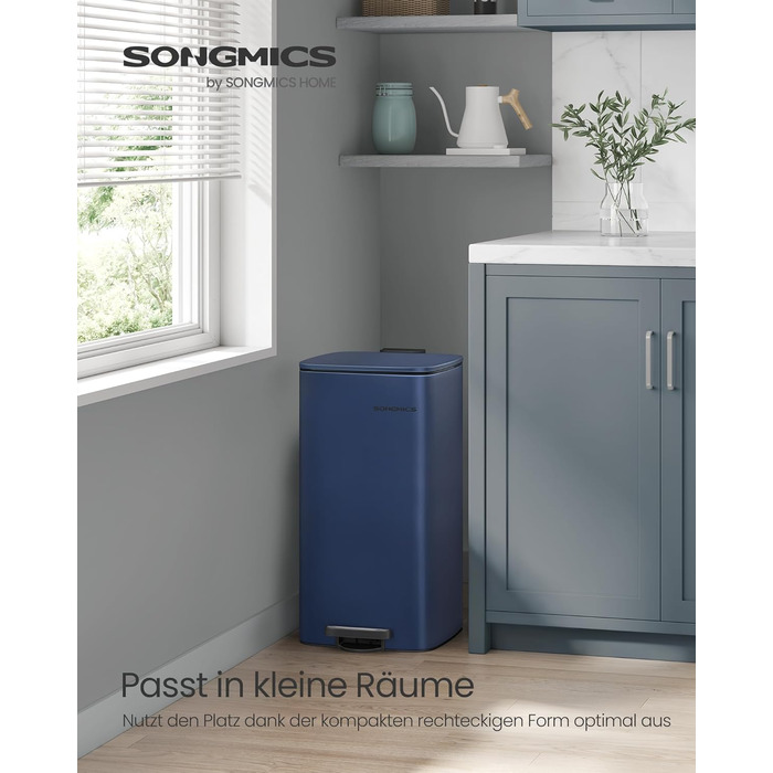 Відро для сміття SONGMICS з педаллю, 30 л, сталеве, з внутрішнім відром, Soft-close, LTB592E01 (темно-синій)