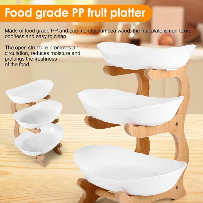 DEECOZY Трирівнева підставка для фруктів та овочів з бамбуком, біла. Організатор для зберігання фруктів, овочів та закусок