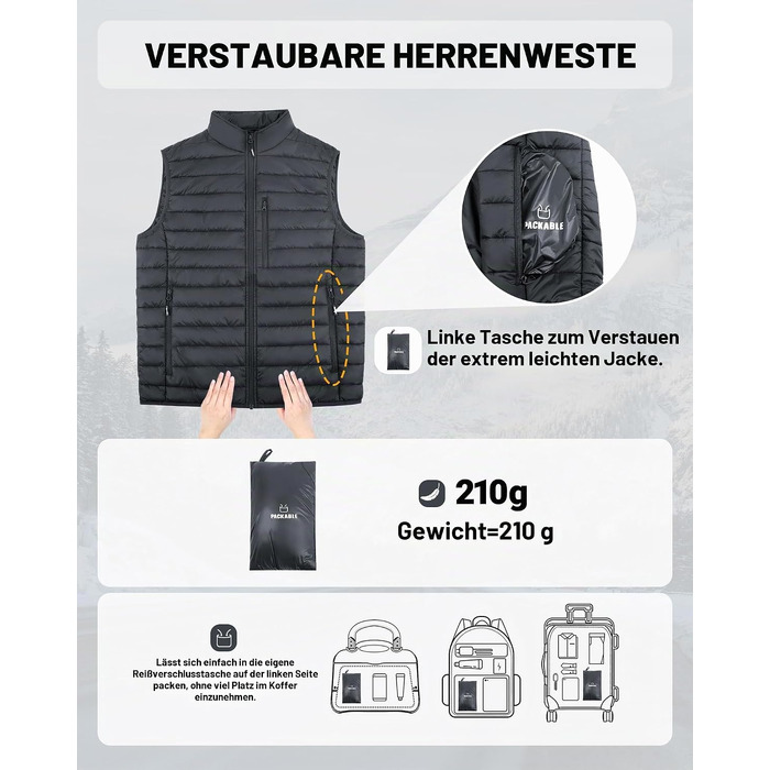 Чоловіча легка стібана жилетка Outdoor Ventures, компактна похідна жилетка для перехідної погоди, чорна, розмір L