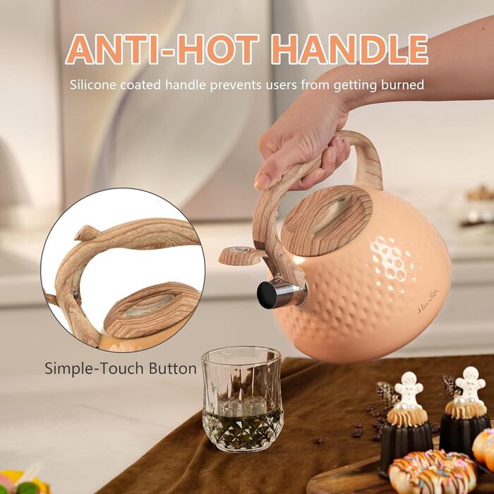 Чайник Harriet Teekessel для плити, 2,5 л, з флейтою, 5-шаровий, з нержавіючої сталі, з термостійкою ручкою, для газових та електричних плит, червоний, глянцевий (персиково-глянцевий)