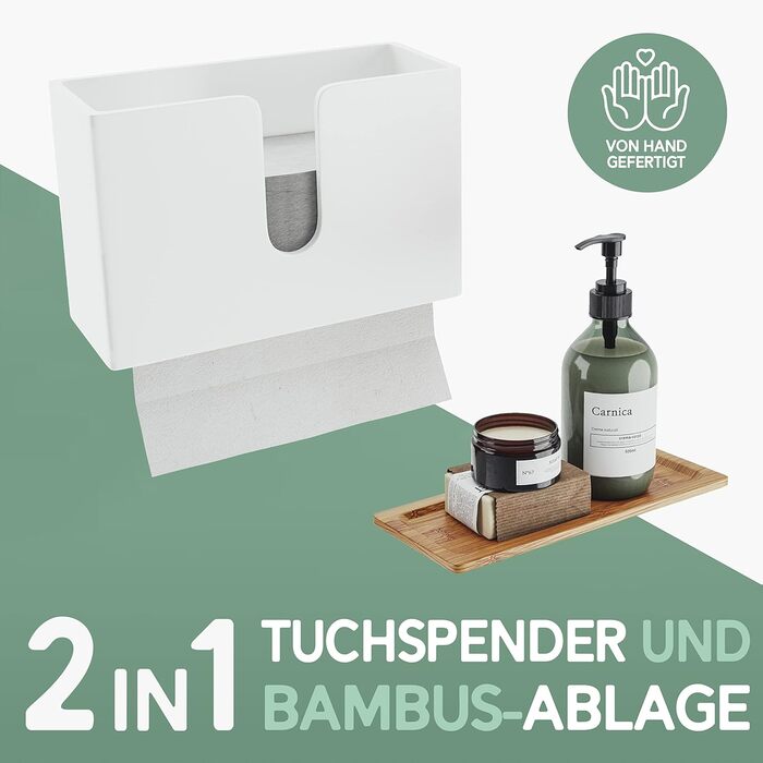 Nature Supplies Wooden Paper Towel Dispenser - Paper Towel Holder with Wall Mount or Tabletop Use, for C-, Z- or Interfold Paper Towels (Bianco, Top)