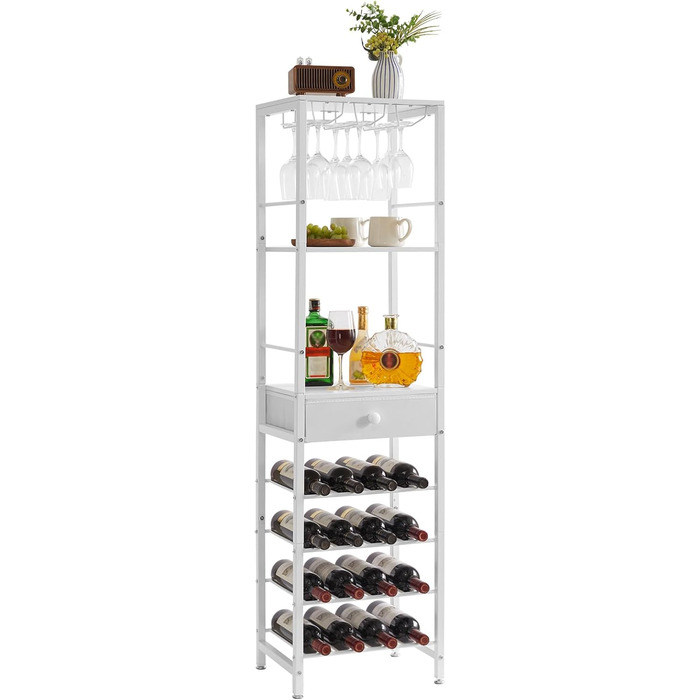 IBUYKE Wine Rack, 4-Tier Freestanding Wine Rack with Glass Holder and Drawer, 16 Bottle Rack Countertop Wine Rack with Tabletop Storage, for Kitchen, Bar, Dining Room, White TMJ905W