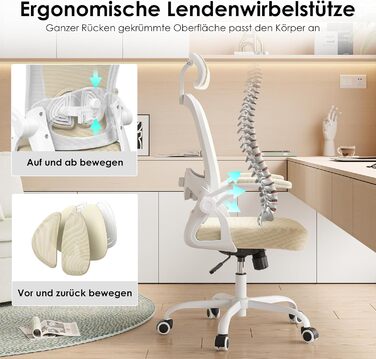 Ергономічне крісло Farini з регулюванням висоти, для офісу та дому, з підголівником, комп'ютерне крісло, до 150 кг, на роликах (білий-хакі)
